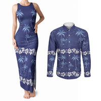 Blue Hawaii Palm Tree Hibiscus Couples Matching Tank Maxi Dress and Long Sleeve Button Shirt Fantasy Summer Vibe