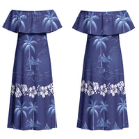Blue Hawaii Palm Tree Hibiscus Family Matching Off Shoulder Maxi Dress and Hawaiian Shirt Fantasy Summer Vibe