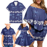Blue Hawaii Palm Tree Hibiscus Family Matching Off Shoulder Short Dress and Hawaiian Shirt Fantasy Summer Vibe