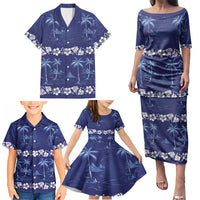 Blue Hawaii Palm Tree Hibiscus Family Matching Puletasi and Hawaiian Shirt Fantasy Summer Vibe