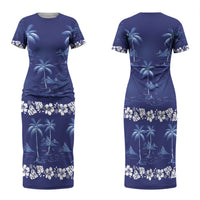 Blue Hawaii Palm Tree Hibiscus Family Matching Short Sleeve Bodycon Dress and Hawaiian Shirt Fantasy Summer Vibe