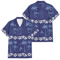 Blue Hawaii Palm Tree Hibiscus Family Matching Short Sleeve Bodycon Dress and Hawaiian Shirt Fantasy Summer Vibe