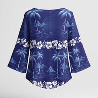 Blue Hawaii Palm Tree Hibiscus Kimono Sleeve Blouse Fantasy Summer Vibe
