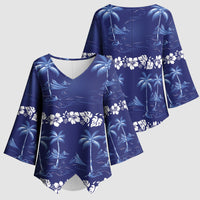 Blue Hawaii Palm Tree Hibiscus Kimono Sleeve Blouse Fantasy Summer Vibe