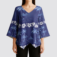 Blue Hawaii Palm Tree Hibiscus Kimono Sleeve Blouse Fantasy Summer Vibe