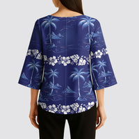Blue Hawaii Palm Tree Hibiscus Kimono Sleeve Blouse Fantasy Summer Vibe