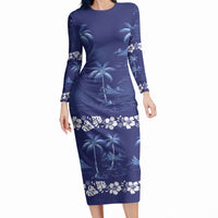 Blue Hawaii Palm Tree Hibiscus Long Sleeve Bodycon Dress Fantasy Summer Vibe