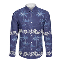 Blue Hawaii Palm Tree Hibiscus Long Sleeve Button Shirt Fantasy Summer Vibe