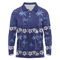 Blue Hawaii Palm Tree Hibiscus Long Sleeve Polo Shirt Fantasy Summer Vibe