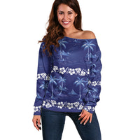 Blue Hawaii Palm Tree Hibiscus Off Shoulder Sweater Fantasy Summer Vibe