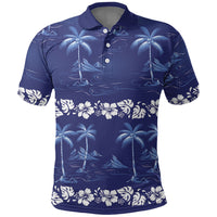 Blue Hawaii Palm Tree Hibiscus Polo Shirt Fantasy Summer Vibe