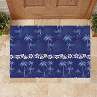 Blue Hawaii Palm Tree Hibiscus Rubber Doormat Fantasy Summer Vibe