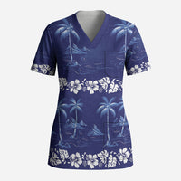 Blue Hawaii Palm Tree Hibiscus Scrub Top Fantasy Summer Vibe