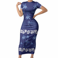 Blue Hawaii Palm Tree Hibiscus Short Sleeve Bodycon Dress Fantasy Summer Vibe
