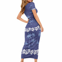 Blue Hawaii Palm Tree Hibiscus Short Sleeve Bodycon Dress Fantasy Summer Vibe
