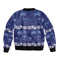 Blue Hawaii Palm Tree Hibiscus Sleeve Zip Bomber Jacket Fantasy Summer Vibe