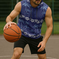 Blue Hawaii Palm Tree Hibiscus Sleeveless Hoodie Fantasy Summer Vibe