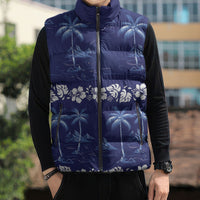 Blue Hawaii Palm Tree Hibiscus Sleeveless Puffer Jacket Fantasy Summer Vibe
