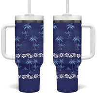 Blue Hawaii Palm Tree Hibiscus Tumbler With Handle Fantasy Summer Vibe