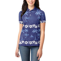 Blue Hawaii Palm Tree Hibiscus Women Polo Shirt Fantasy Summer Vibe