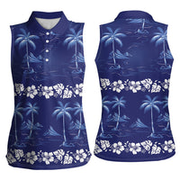 Blue Hawaii Palm Tree Hibiscus Women Sleeveless Polo Shirt Fantasy Summer Vibe