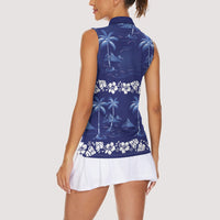 Blue Hawaii Palm Tree Hibiscus Women Sleeveless Polo Shirt Fantasy Summer Vibe