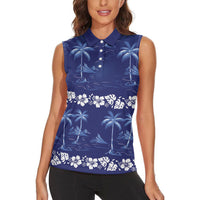 Blue Hawaii Palm Tree Hibiscus Women Sleeveless Polo Shirt Fantasy Summer Vibe