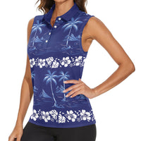 Blue Hawaii Palm Tree Hibiscus Women Sleeveless Polo Shirt Fantasy Summer Vibe