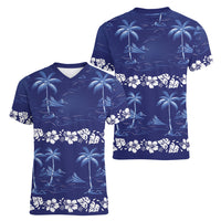 Blue Hawaii Palm Tree Hibiscus Women V-Neck T-Shirt Fantasy Summer Vibe