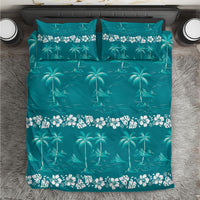 Cyan Hawaii Palm Tree Hibiscus Bedding Set Fantasy Summer Vibe