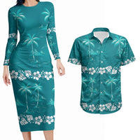 Cyan Hawaii Palm Tree Hibiscus Couples Matching Long Sleeve Bodycon Dress and Hawaiian Shirt Fantasy Summer Vibe