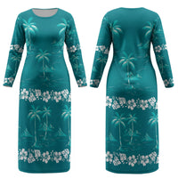 Cyan Hawaii Palm Tree Hibiscus Couples Matching Long Sleeve Bodycon Dress and Long Sleeve Button Shirt Fantasy Summer Vibe