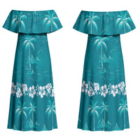 Cyan Hawaii Palm Tree Hibiscus Couples Matching Off Shoulder Maxi Dress and Hawaiian Shirt Fantasy Summer Vibe