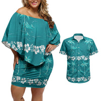 Cyan Hawaii Palm Tree Hibiscus Couples Matching Off Shoulder Short Dress and Hawaiian Shirt Fantasy Summer Vibe