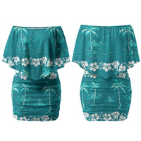Cyan Hawaii Palm Tree Hibiscus Couples Matching Off Shoulder Short Dress and Hawaiian Shirt Fantasy Summer Vibe