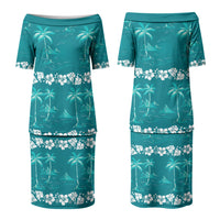 Cyan Hawaii Palm Tree Hibiscus Couples Matching Puletasi and Hawaiian Shirt Fantasy Summer Vibe