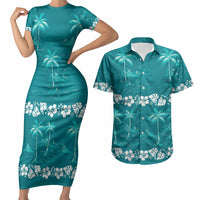 Cyan Hawaii Palm Tree Hibiscus Couples Matching Short Sleeve Bodycon Dress and Hawaiian Shirt Fantasy Summer Vibe