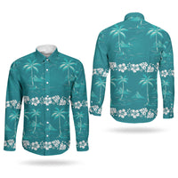 Cyan Hawaii Palm Tree Hibiscus Couples Matching Short Sleeve Bodycon Dress and Long Sleeve Button Shirt Fantasy Summer Vibe