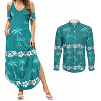 Cyan Hawaii Palm Tree Hibiscus Couples Matching Summer Maxi Dress and Long Sleeve Button Shirt Fantasy Summer Vibe
