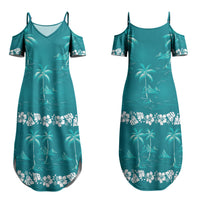 Cyan Hawaii Palm Tree Hibiscus Couples Matching Summer Maxi Dress and Long Sleeve Button Shirt Fantasy Summer Vibe