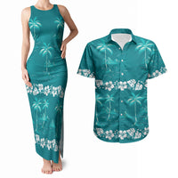 Cyan Hawaii Palm Tree Hibiscus Couples Matching Tank Maxi Dress and Hawaiian Shirt Fantasy Summer Vibe