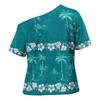 Cyan Hawaii Palm Tree Hibiscus Cross Shoulder Shirt Fantasy Summer Vibe