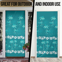 Cyan Hawaii Palm Tree Hibiscus Door Cover Fantasy Summer Vibe