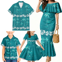 Cyan Hawaii Palm Tree Hibiscus Family Matching Mermaid Dress and Hawaiian Shirt Fantasy Summer Vibe