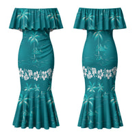 Cyan Hawaii Palm Tree Hibiscus Family Matching Mermaid Dress and Hawaiian Shirt Fantasy Summer Vibe