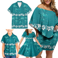 Cyan Hawaii Palm Tree Hibiscus Family Matching Off Shoulder Short Dress and Hawaiian Shirt Fantasy Summer Vibe