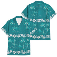 Cyan Hawaii Palm Tree Hibiscus Family Matching Off Shoulder Short Dress and Hawaiian Shirt Fantasy Summer Vibe