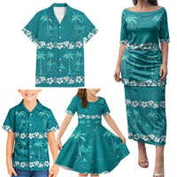 Cyan Hawaii Palm Tree Hibiscus Family Matching Puletasi and Hawaiian Shirt Fantasy Summer Vibe