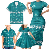 Cyan Hawaii Palm Tree Hibiscus Family Matching Short Sleeve Bodycon Dress and Hawaiian Shirt Fantasy Summer Vibe