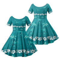 Cyan Hawaii Palm Tree Hibiscus Family Matching Short Sleeve Bodycon Dress and Hawaiian Shirt Fantasy Summer Vibe